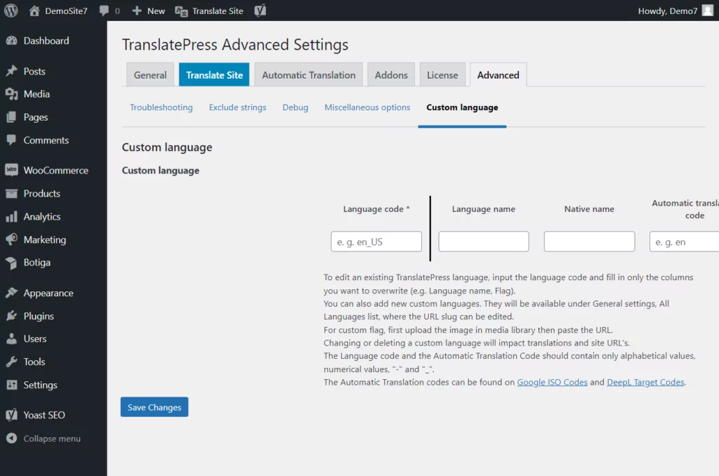 adding custom language in translatepress free