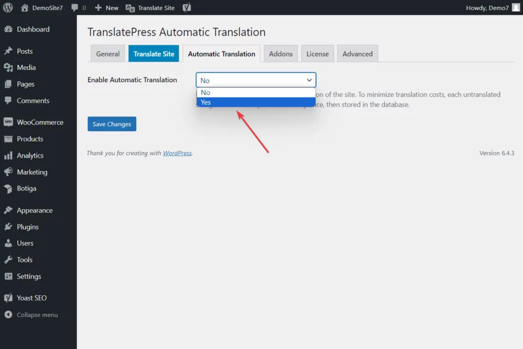 enabling automatic translations in translatepress free