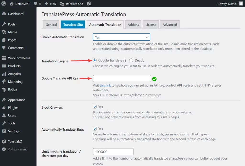 selecting translation engine in translatepress free