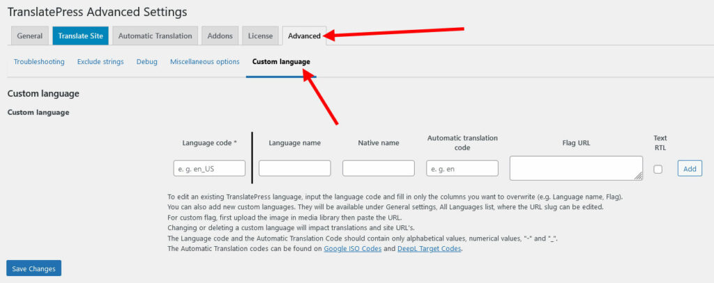 translatepress custom language creation menu