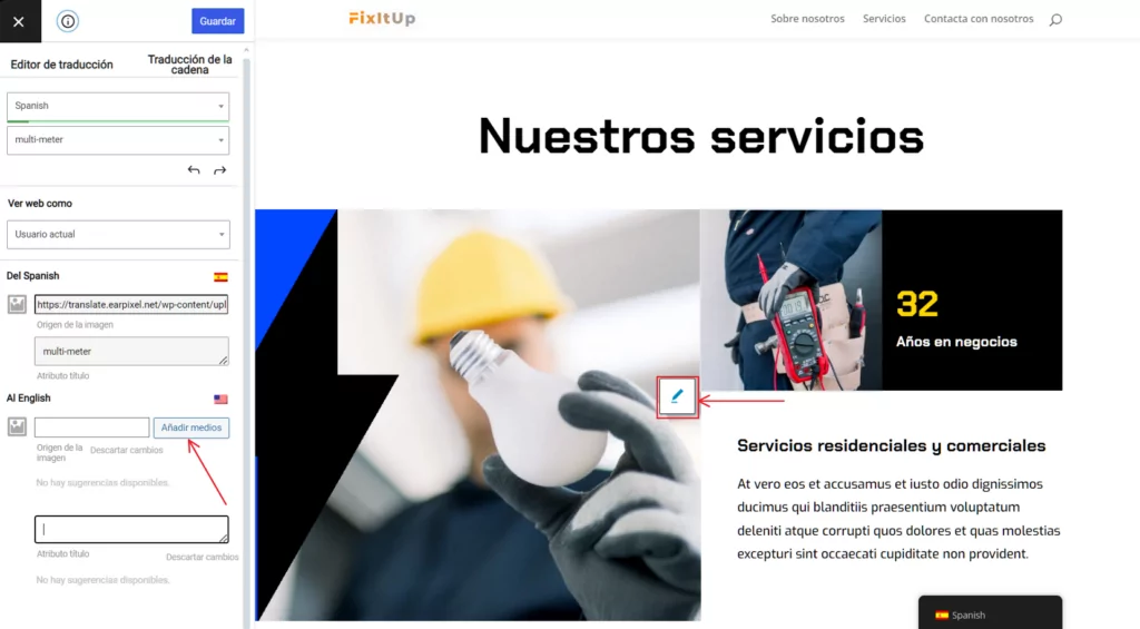 Translate images from spanish to english spanish first site TranslatePRess