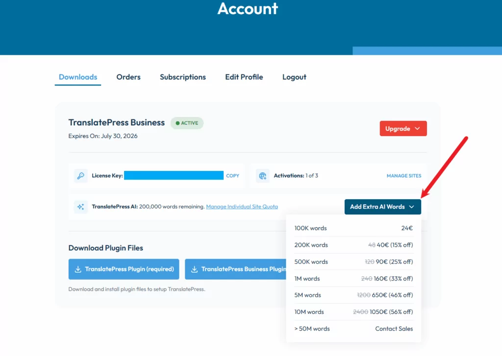 Adding extra AI words for TranslatePress subscription in TranslatePress Account Dashboard