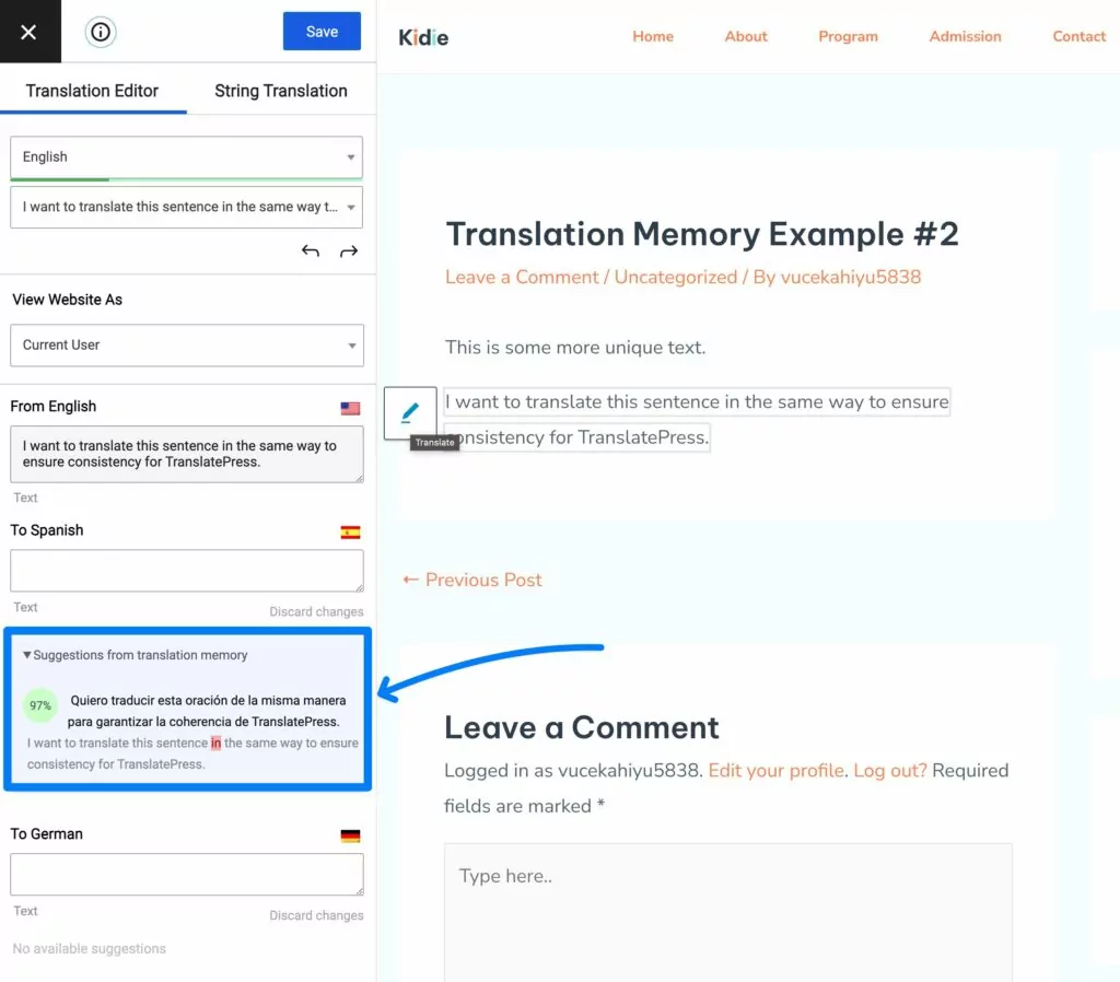 The built-in translation memory system in TranslatePress