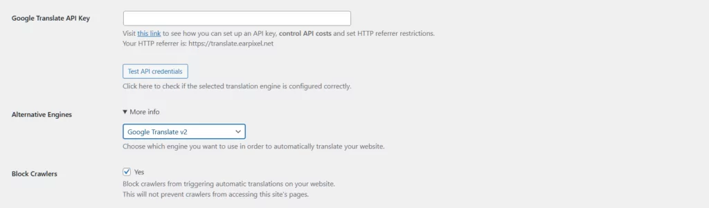 Google Translate API key insert in automatic translation
