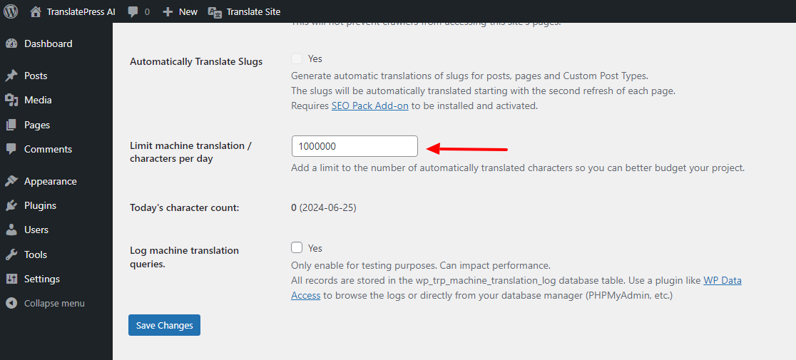 limit automatically translated characters per day