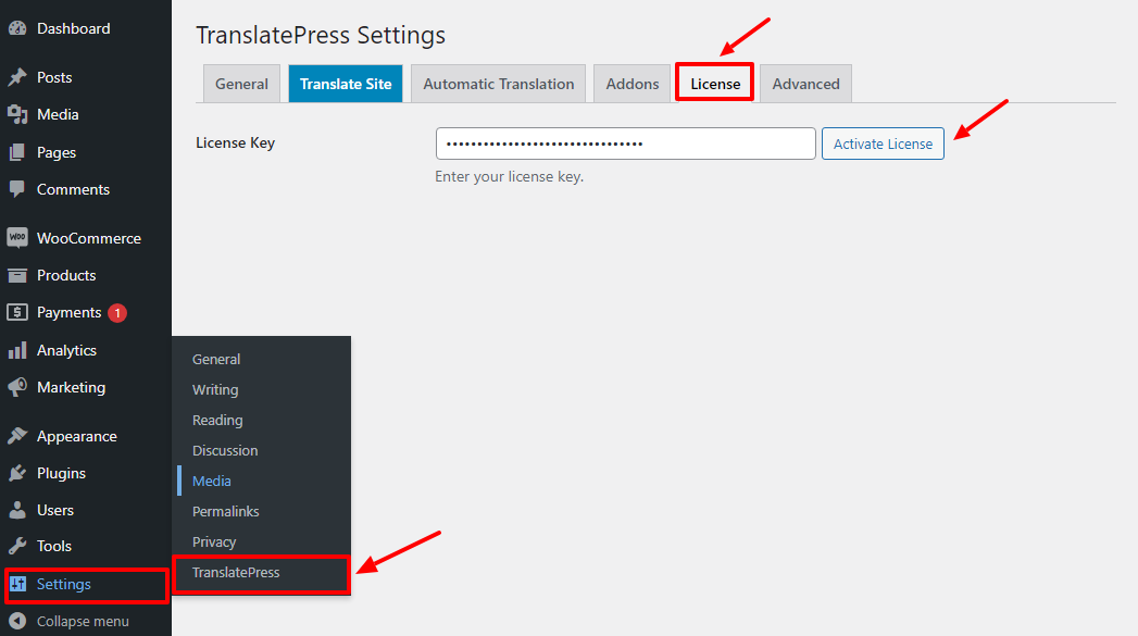 activating translatepress license