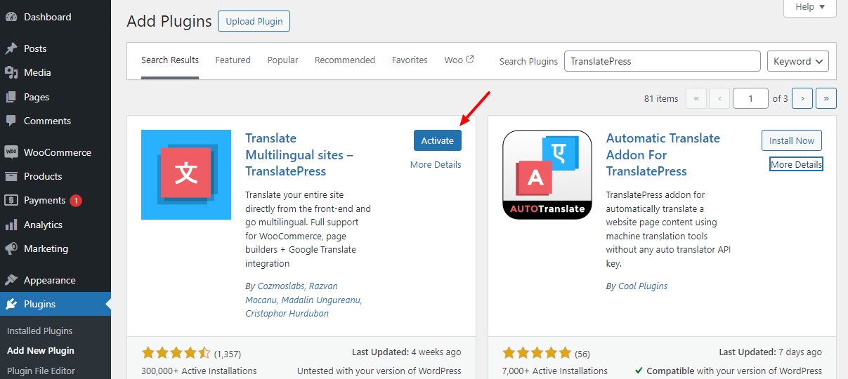 activate translatepress free version