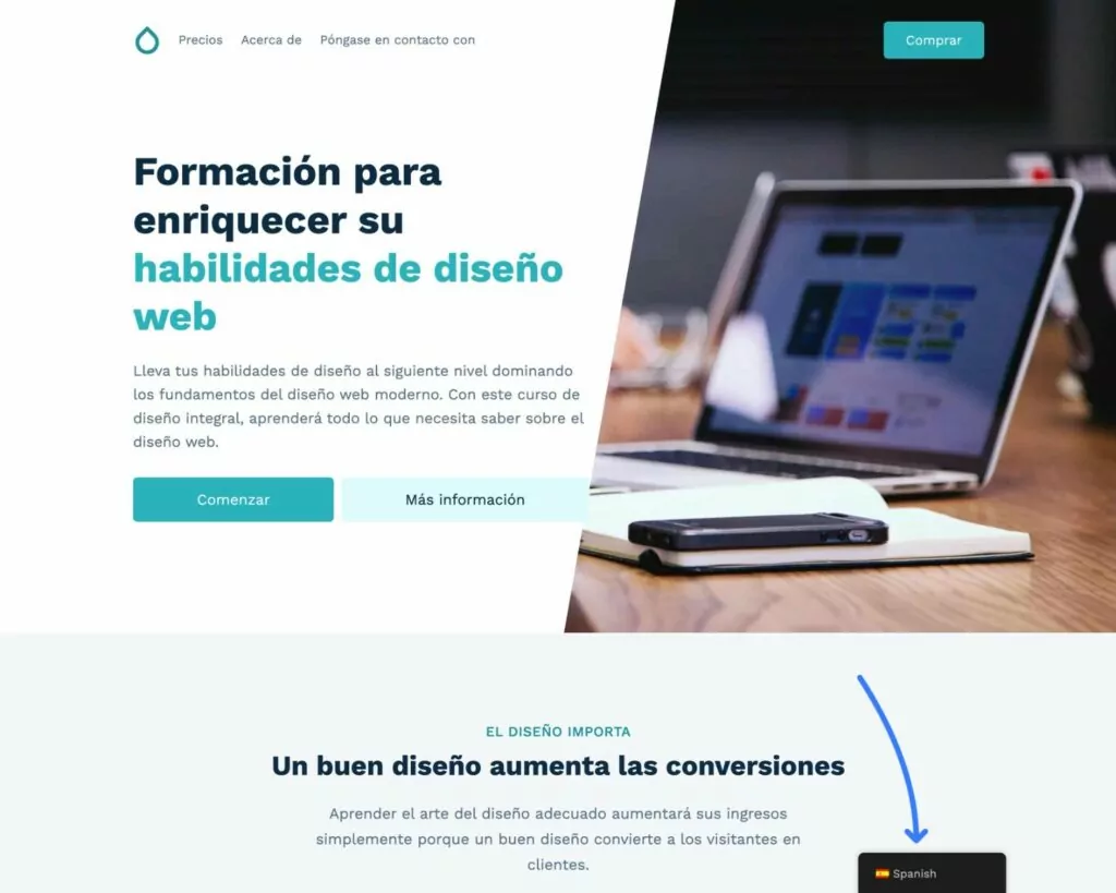 An example of our English language site in Spanish