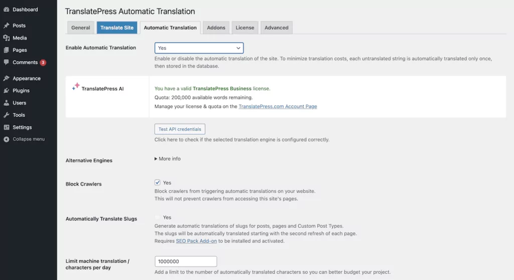 The Automatic Translation page within TranslatePress' WordPress settings.