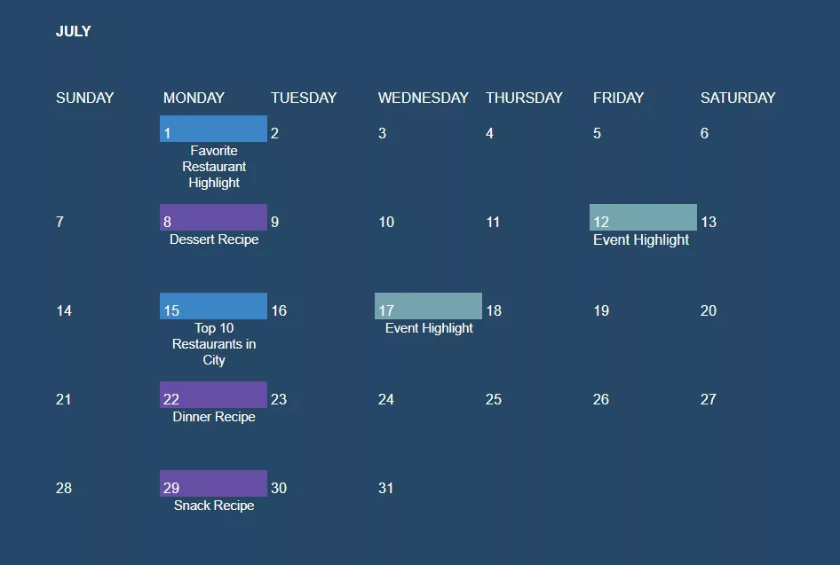 content calendar for international blogging example