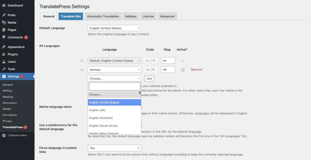 The TranslatePress settings screen within WordPress.