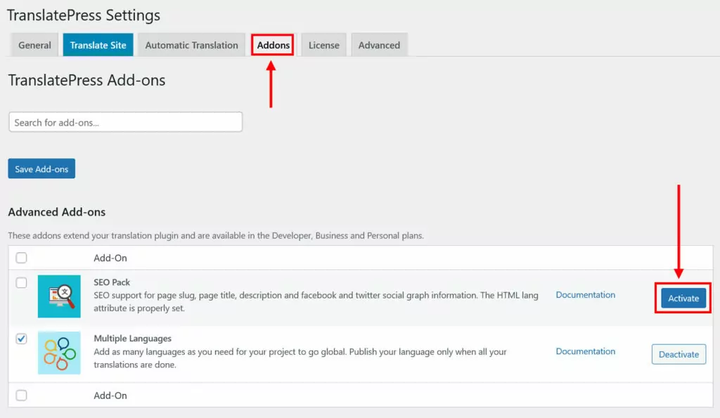 activate translatepress seo pack