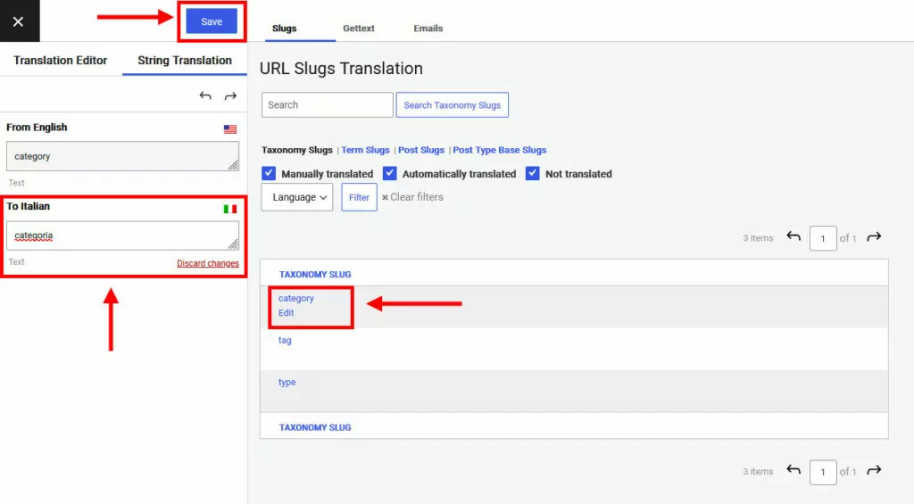 translate slugs in translatepress string translation menu