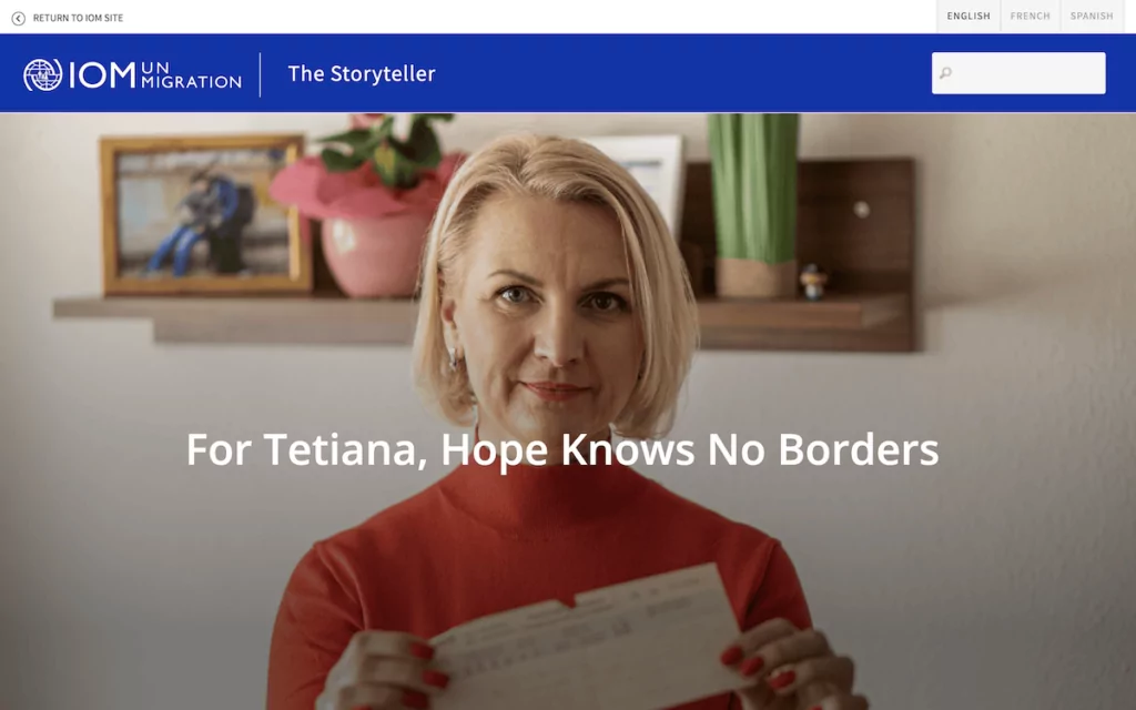 The homepage of the IOM Storyteller website, which runs on Drupal.