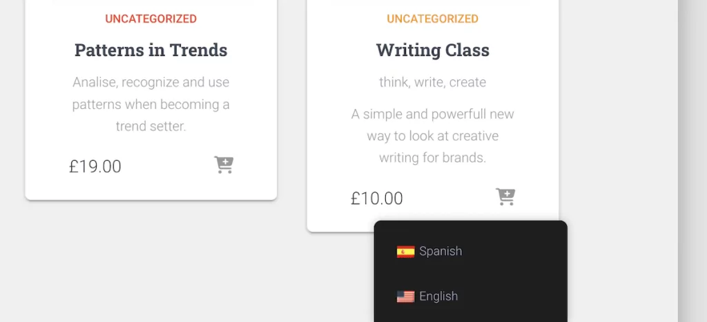 TranslatePress' language switcher on the front end of a site showing English and Spanish options for language translation.