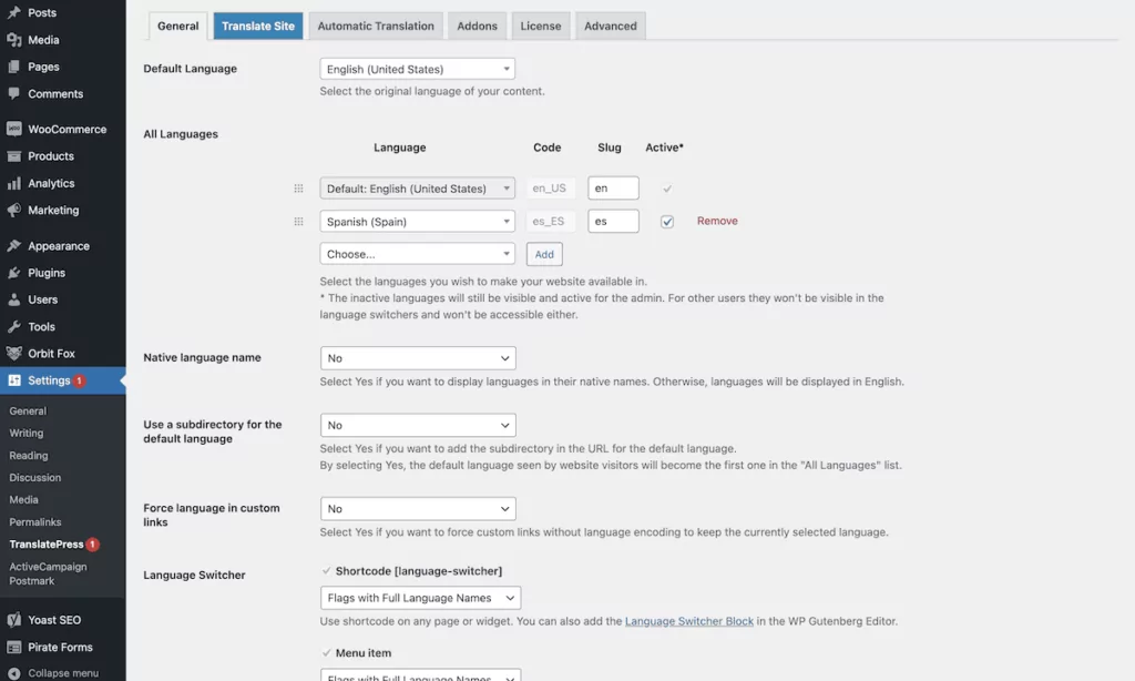 The TranslatePress interface.