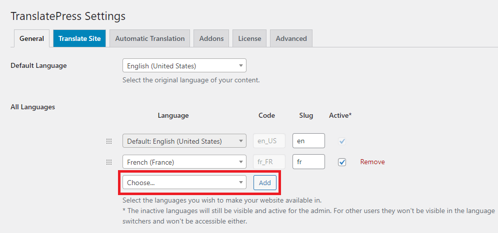 translatepress language setup