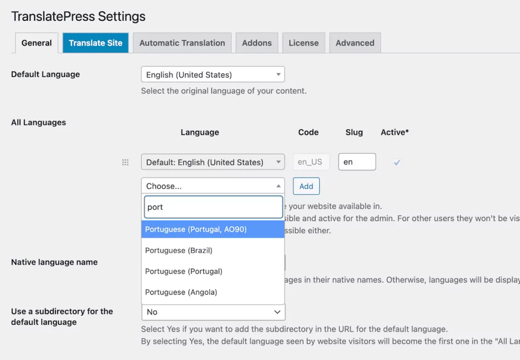 Translating content into Portuguese within TranslatePress.