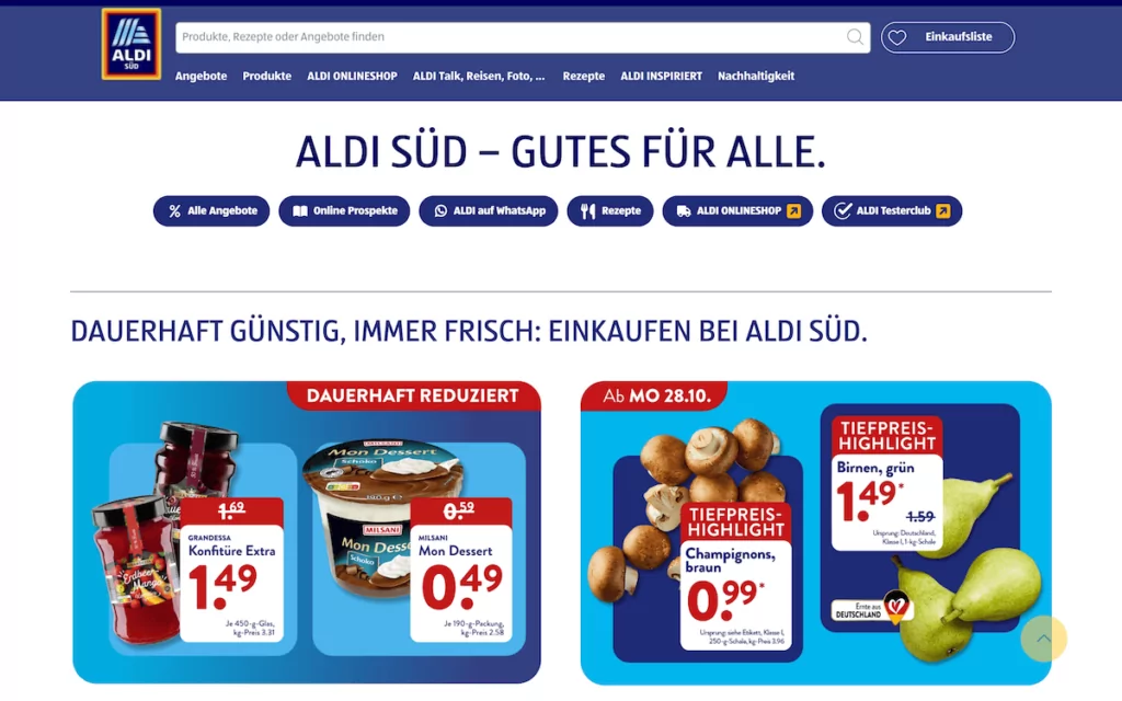 The Aldi supermarket's German language website showing text that is typically longer than in English or other languages.