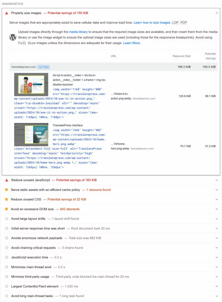 pagespeed insights diagnostics