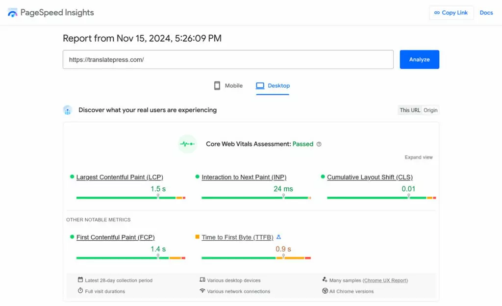 pagespeed insights performance results