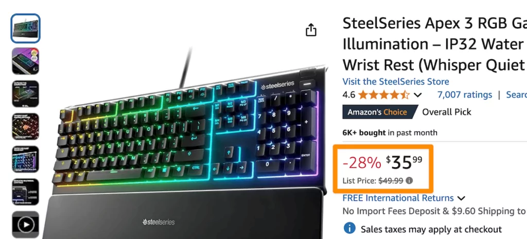 The Amazon website showing the color scheme for a discounted product.