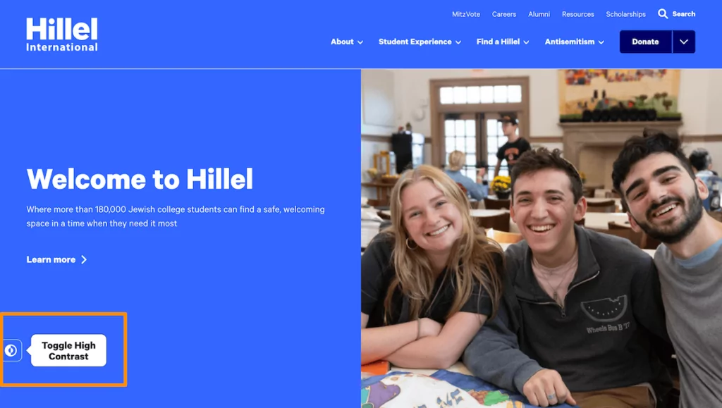 The High Contrast option on the Hillel International website.