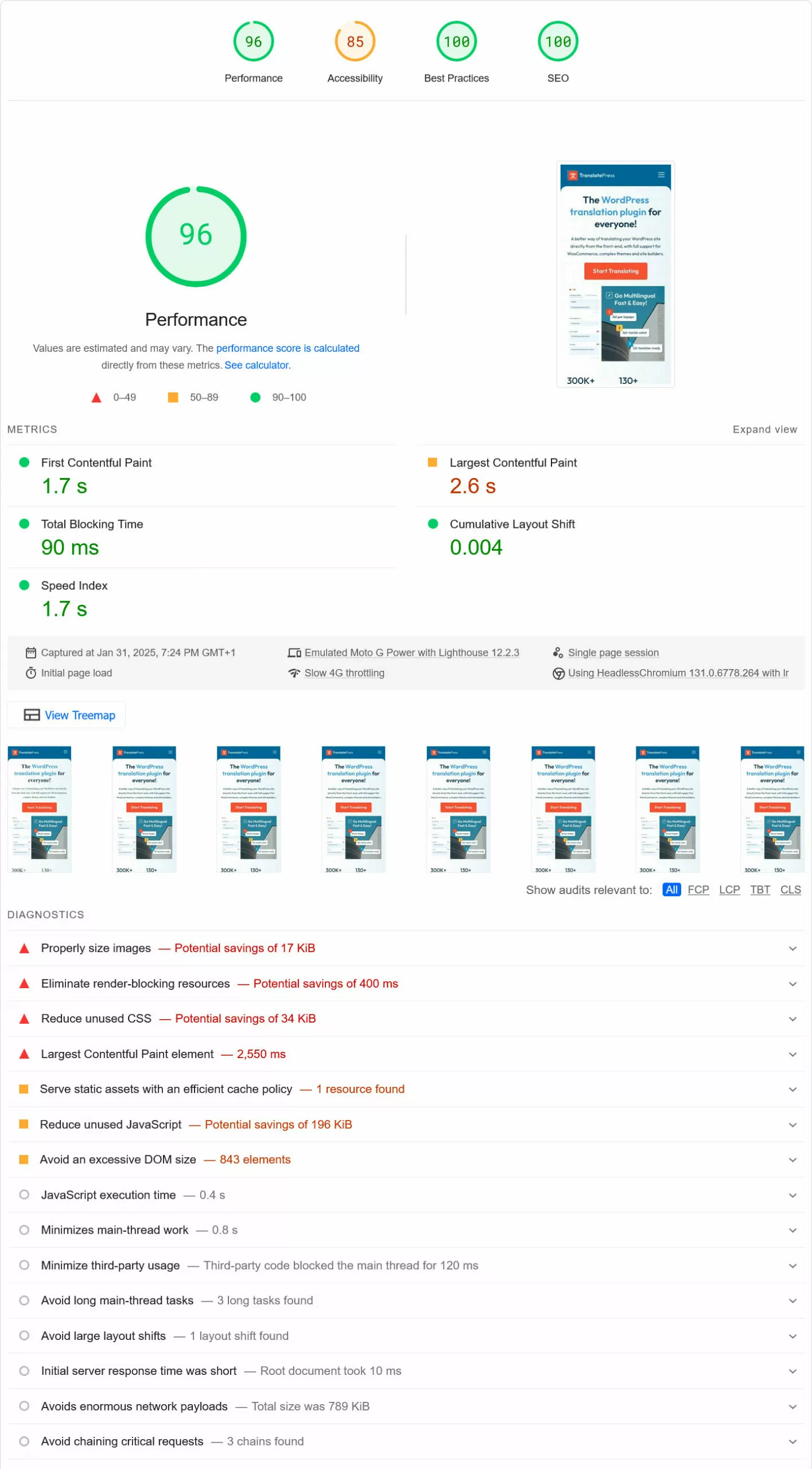 pagespeed insights results