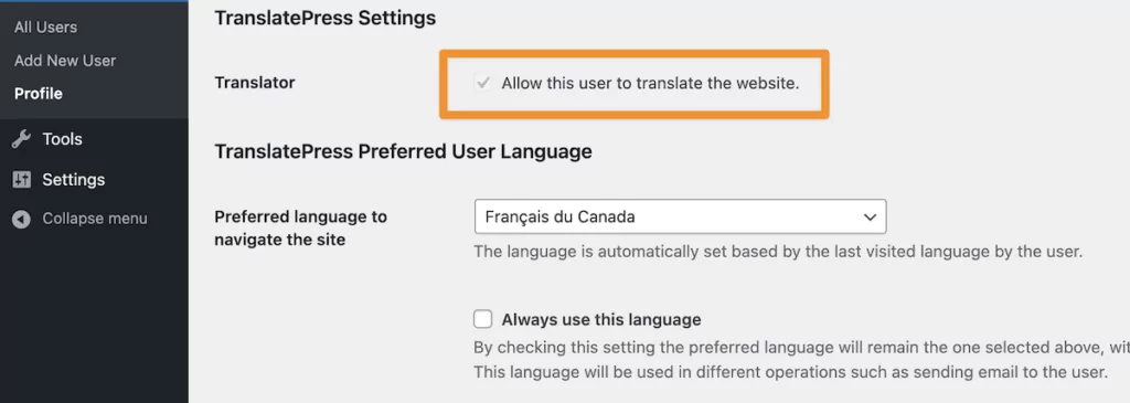 Editing a user role to let them translate a website within WordPress.