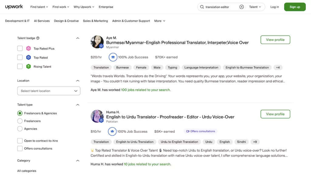An Upwork search page showing rates for translation editors.