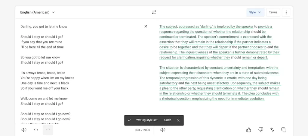Setting the academic style to text within DeepL Write.