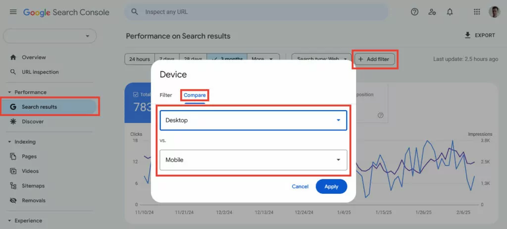 add filter to compare desktop vs mobile in search console