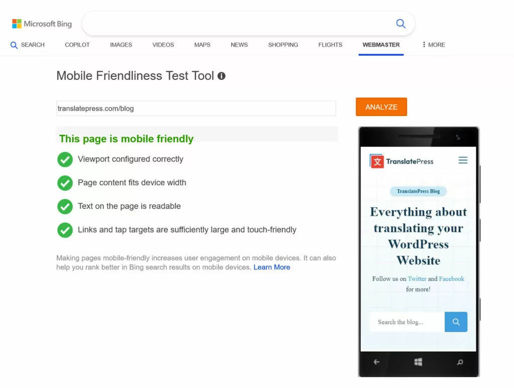 bing mobile friendliness test to check for mobile best practices