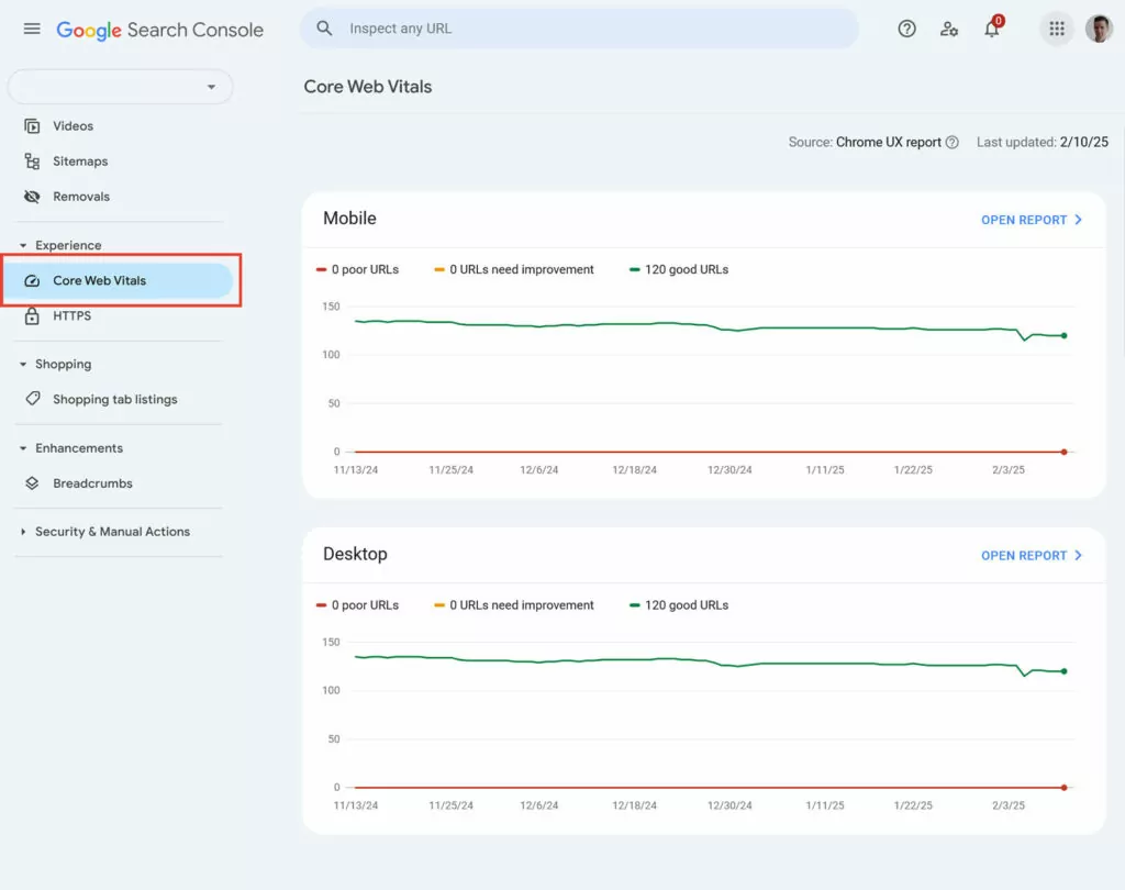 google search console core web vitals report