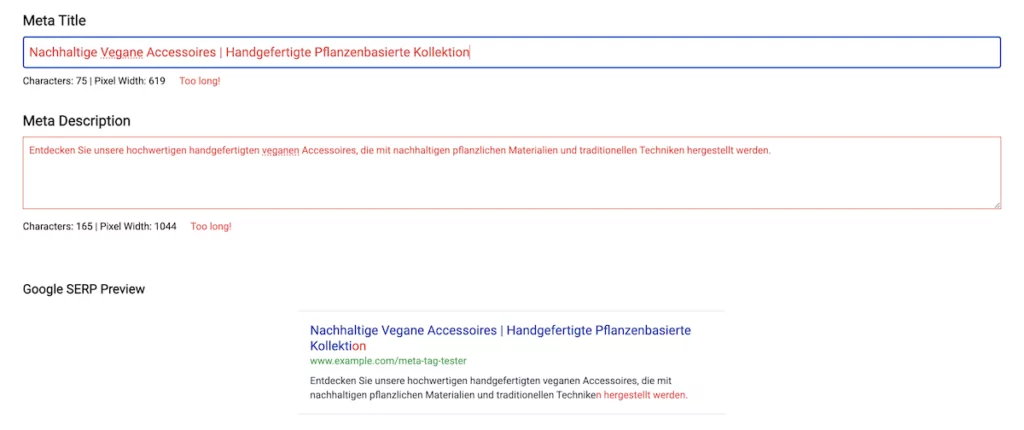 The Meta Tag Tester website showing German language translations won't display based on pixel count.
