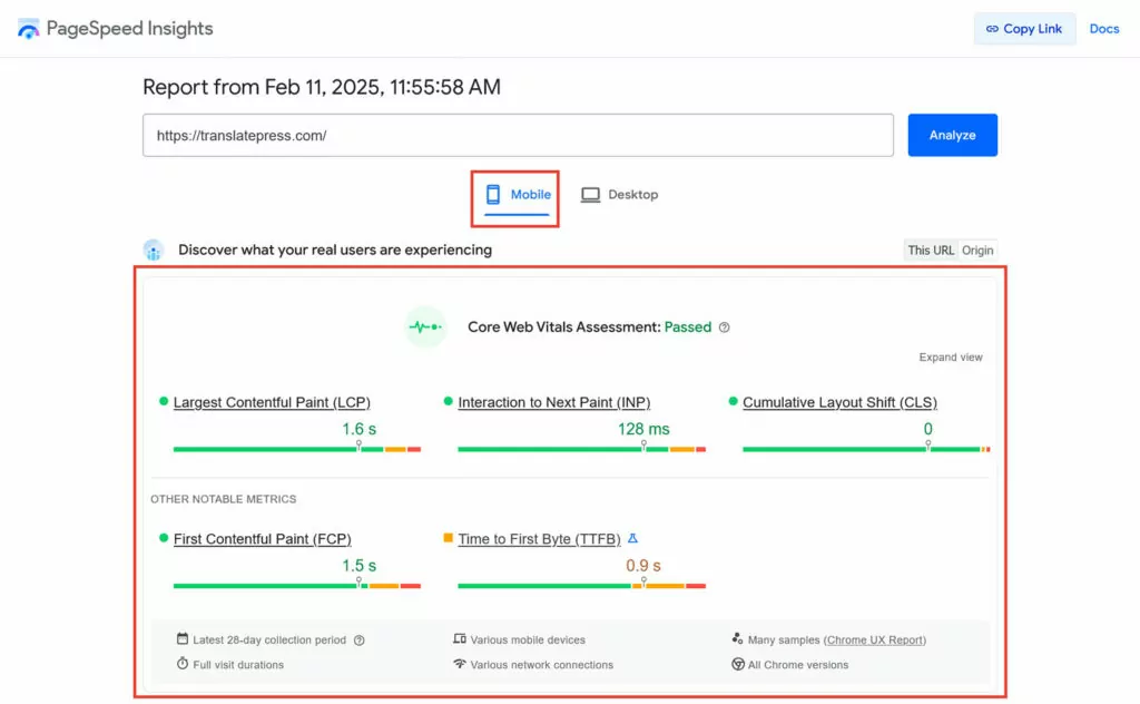 pagespeed insights results mobile core web vitals