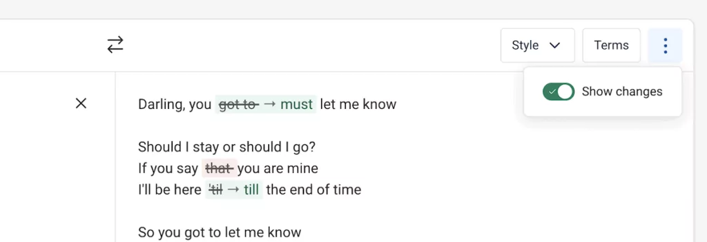 Showing the changes to text within DeepL Write.