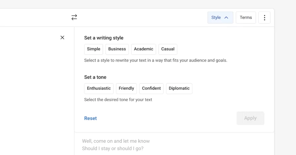 The DeepL Style drop-down menu.