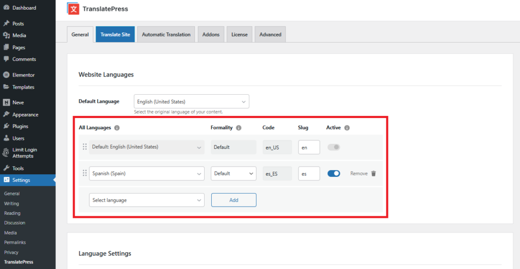 add website language