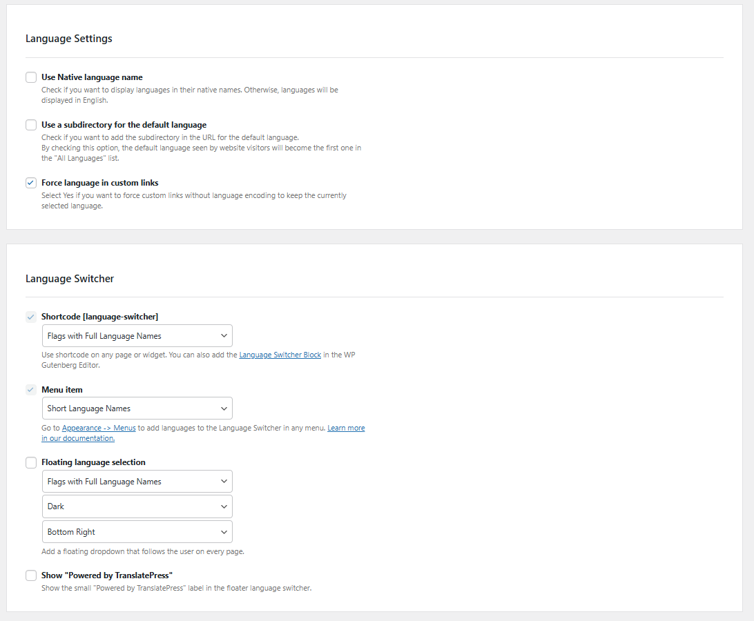 More settings in TranslatePress