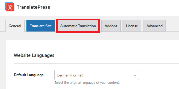 automatic translation tab in translatepress