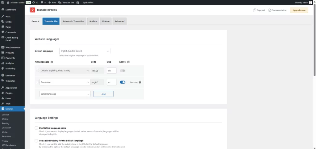 choose website languages in translatepress