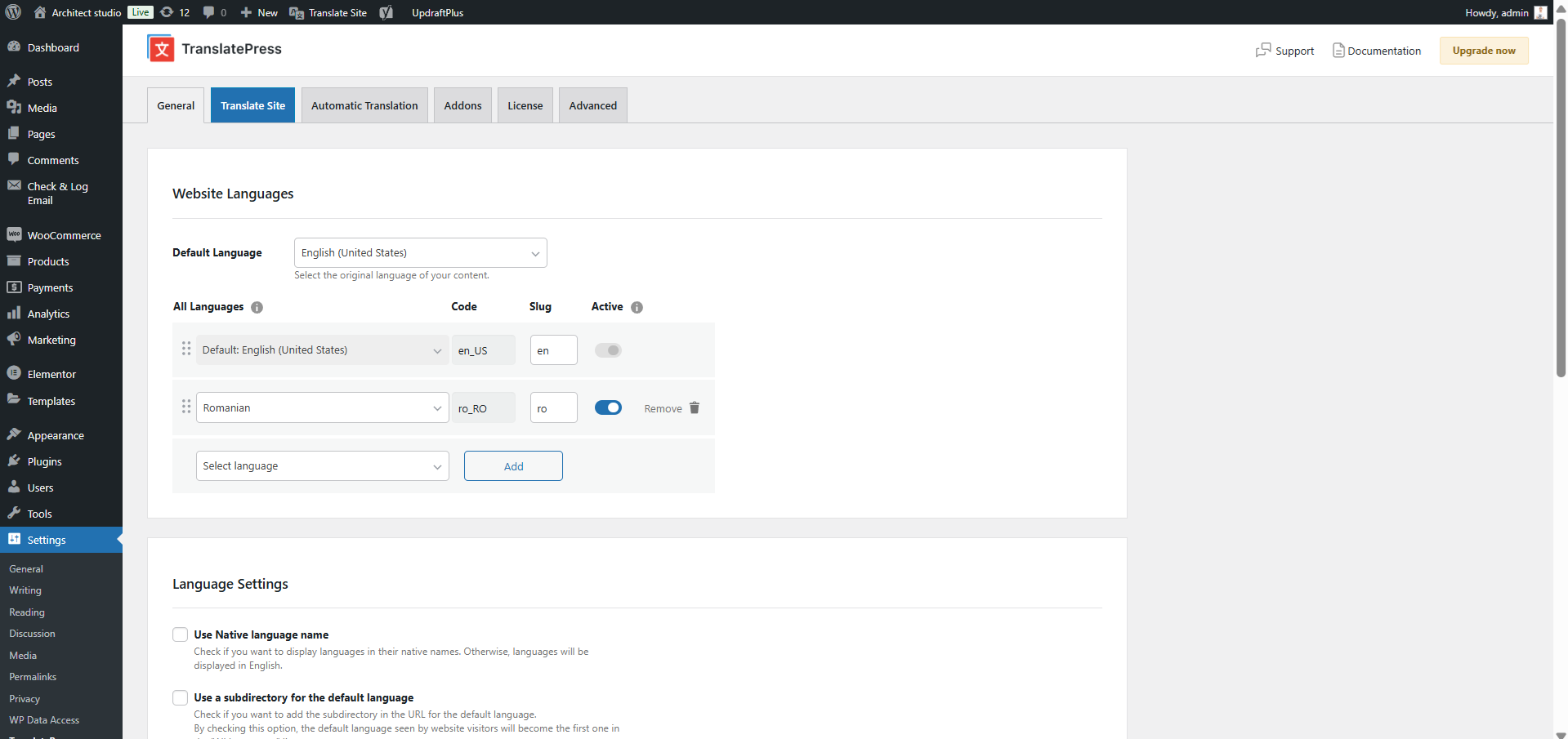 choose website languages in translatepress