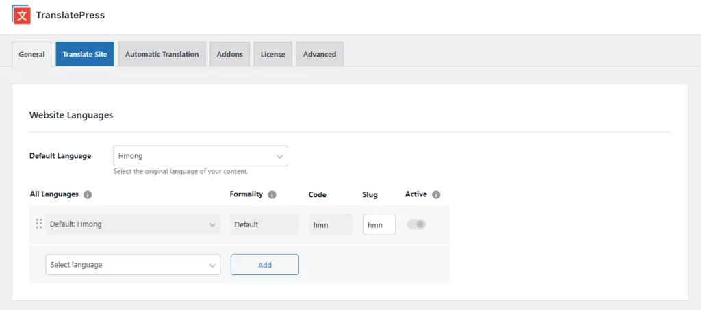 default custom language in wordpress