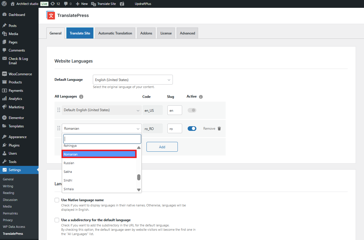 Choosing a language in TranslatePress