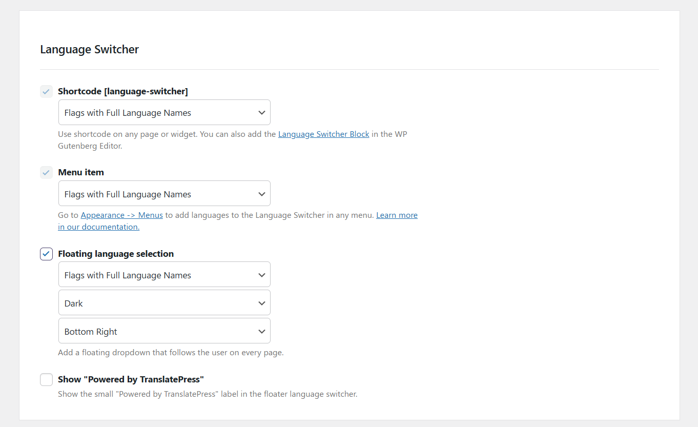 The language switcher settings within TranslatePress.