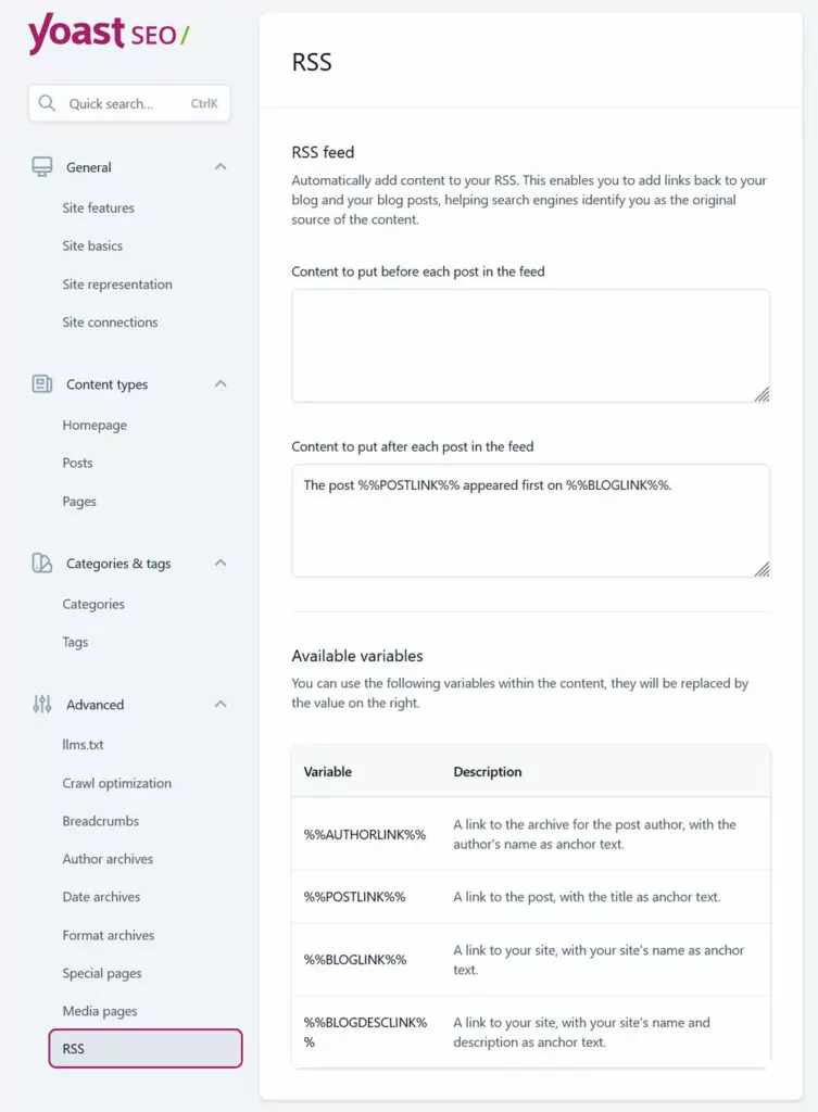 set up rss attribution in yoast seo