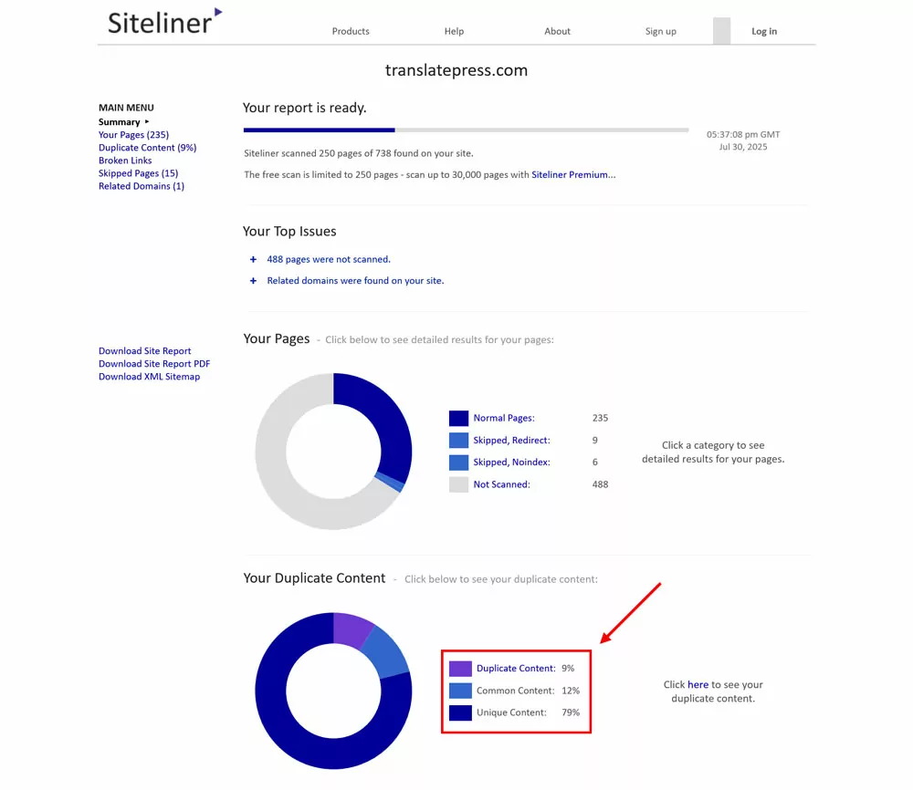 siteliner duplicate content results