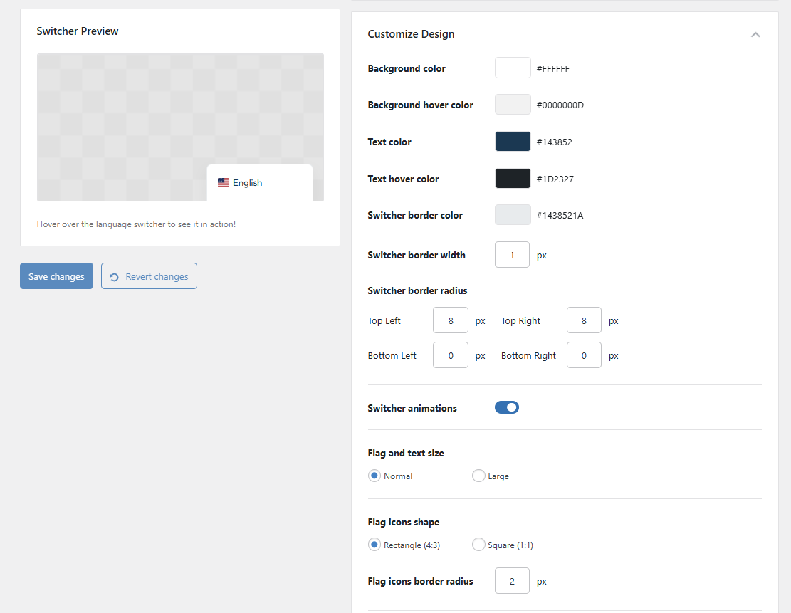 Language Switcher Floating section Customize Design settings
