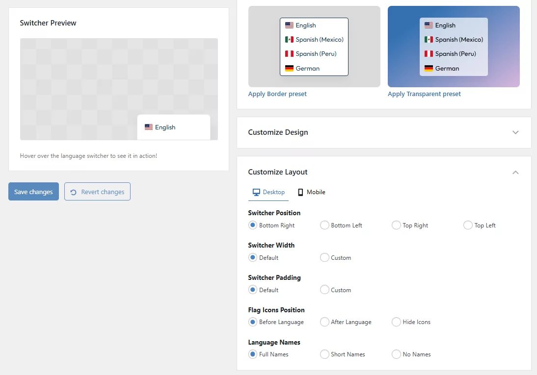 Language Switcher Floating section Customize Layout settings